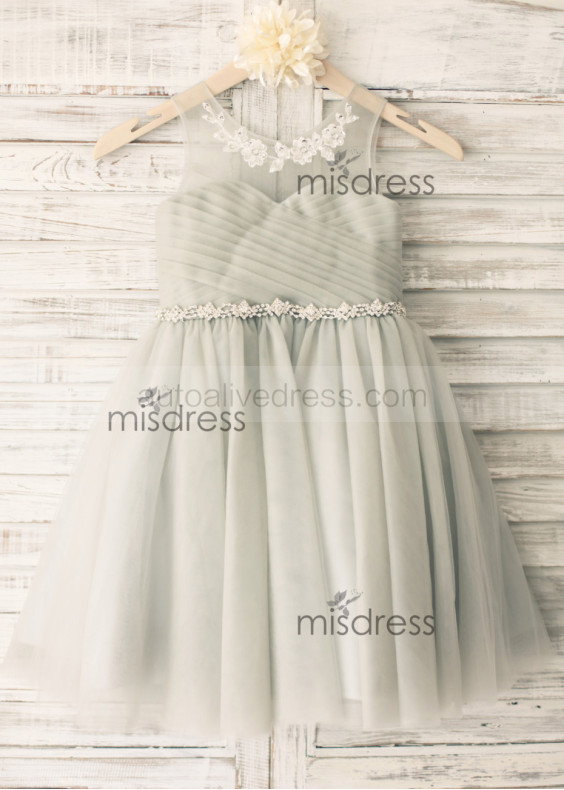 Gray Pleated Tulle Flower Girl Dress With Beaded Belt